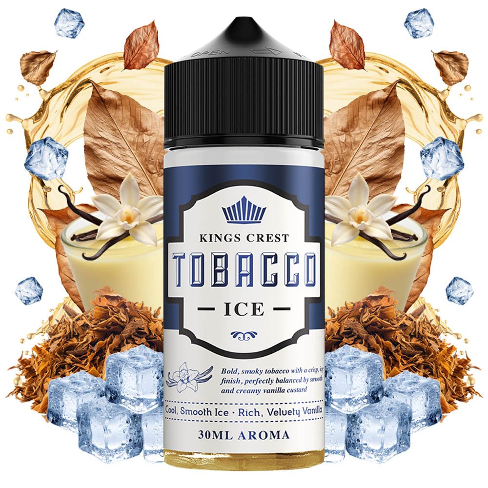 Kings_Crest_Tobacco_ICE_30ml_Longfill_with_ingredients-kapnos-vanilia-pagos-v4b Kings Crest – Tobacco Ice Flavorshot 30ml/120ml - Image 1